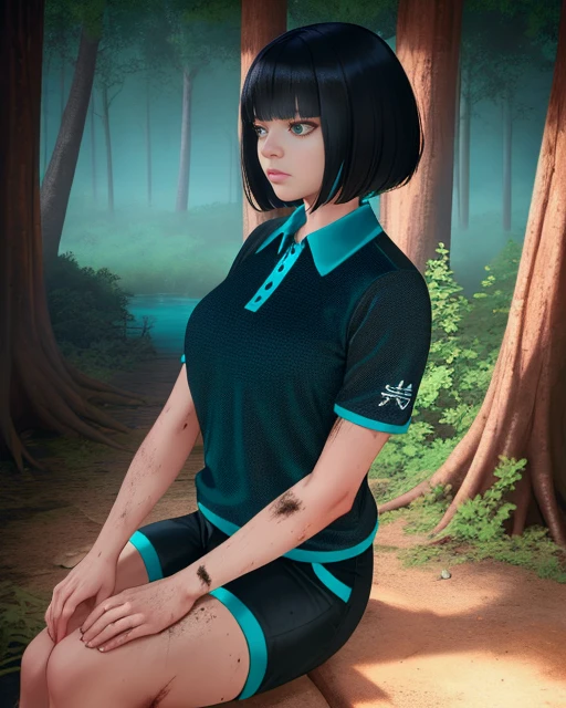 FengMin, black bob cut, blunt bangs, sitting, dirty, upper body, close up,
FGear, black and teal collared shirt, black and teal shorts, short sleeves
nighttime, forest, horror , cabin, lake,
(insanely detailed, beautiful detailed face, masterpiece, best quality) cinematic lighting,
<lora:FengMin:0.7> realistic,