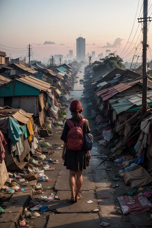 1 girl, stand in front, portrait of slumparea full of trash at jakarta, trash can, garbage, trash, plastic bag, dirty, slum city, poverty, dim light, epic, cityscape, dawn, clear sky, tree, railroad, cable, dramatic, river