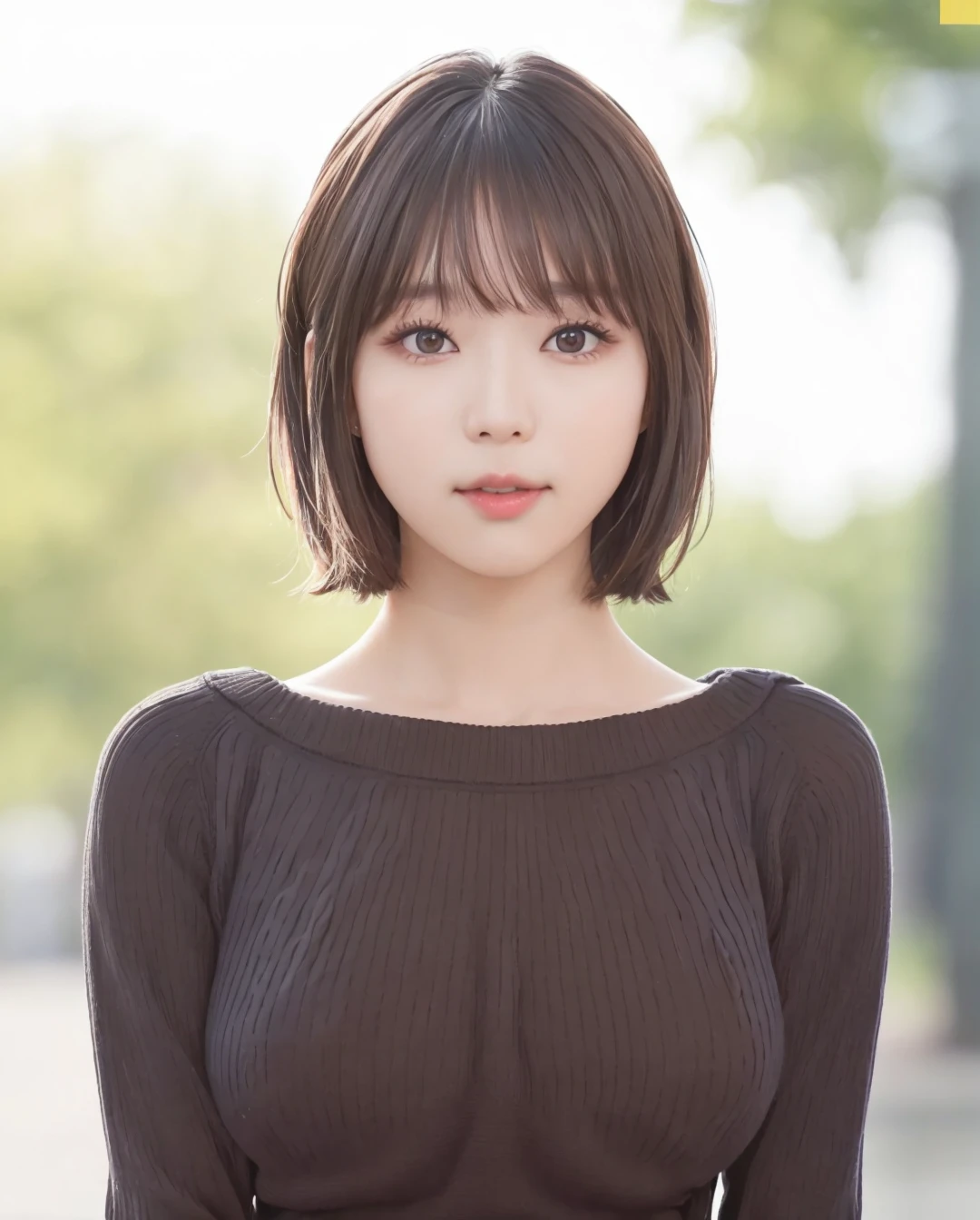 pureerosface_v1:0.3, best quality, photorealistic, 8k, high res, full color, 1girl, woman, 20 years old woman, (closed mouth:1.43), (skindentation), (portrait:0.6), trees, park bench, daylight, ((park background:1.52)), full color, ((necksweater:1.68)), looking at viewer:1.8, (1girl eyes looking at viewer:1.55), (medium-length hair, brownhair, partedbangs:1.45), (bokeh), <lora:AAW-winter:0.65>