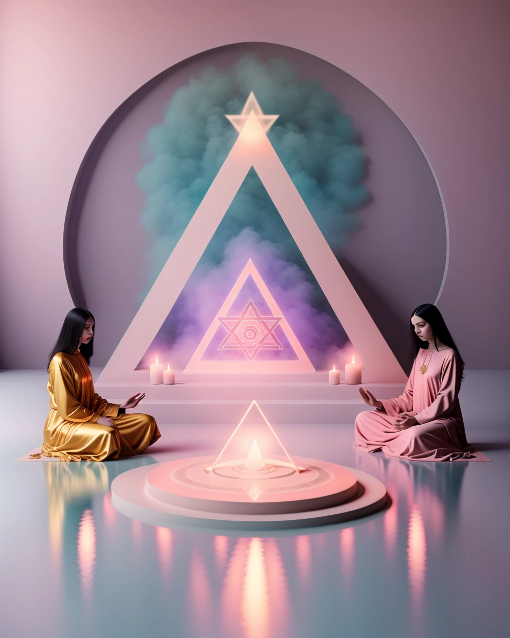 two people sitting on the ground in front of a pyramid with candles in it and a pink background with a triangle and a spiral design , Professional photography, opposite colors , Occult art,  occultism, surreal art, Occult, reflective materials , artistic photography, new age, illuminati, gnosticism, minimalism, Occult, sacred, 3d render