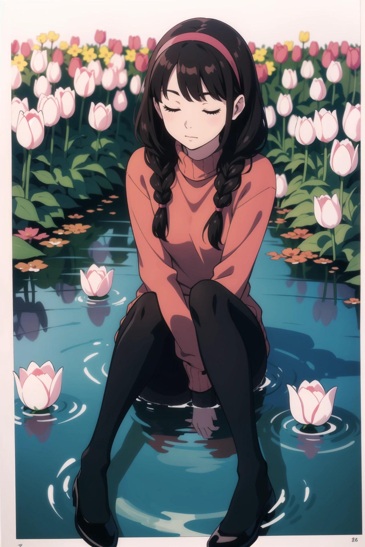 (background,panorama,wallpaper,only background:1.3),detailed_background,outdoors,full_body,madotsuki,traditional_media,hands_on_own_knees,sitting,shikishi,watercolor_(medium),border,yellow_border,closed_eyes,twin_braids,pink_sweater,brown_hair,solo,black_pantyhose,water,yume_nikki,field,flower,ripples,tulip,braid,flower_field,triangular_headpiece,koto_(patina375887),white_flower,long_hair,photo-referenced,painting_(medium),print_sweater,partially_submerged,sweater,no_mouth,pantyhose,highres,white_tulip