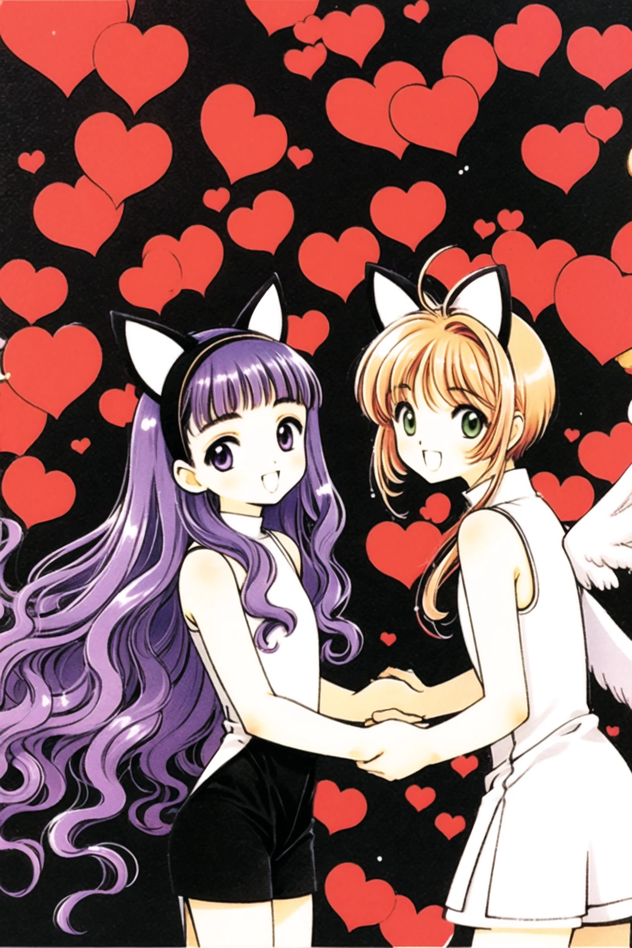 daidouji tomoyo, animal ears, 2girls, cat ears, kinomoto sakura, 1990s (style), long hair, smile, wavy hair, bangs, wings, green eyes, heart, white background, dress, retro artstyle, short hair, looking at viewer, blunt bangs, open mouth, holding hands, fake animal ears, brown hair, black dress, simple background, hairband, shorts, cowboy shot, sleeveless, :d, antenna hair, purple eyes, leaning forward, purple hair, white wings, bare shoulders, sleeveless dress, short dress, black shorts, standing, from side, bare arms, <lora:Card Captor Sakura:0.8>