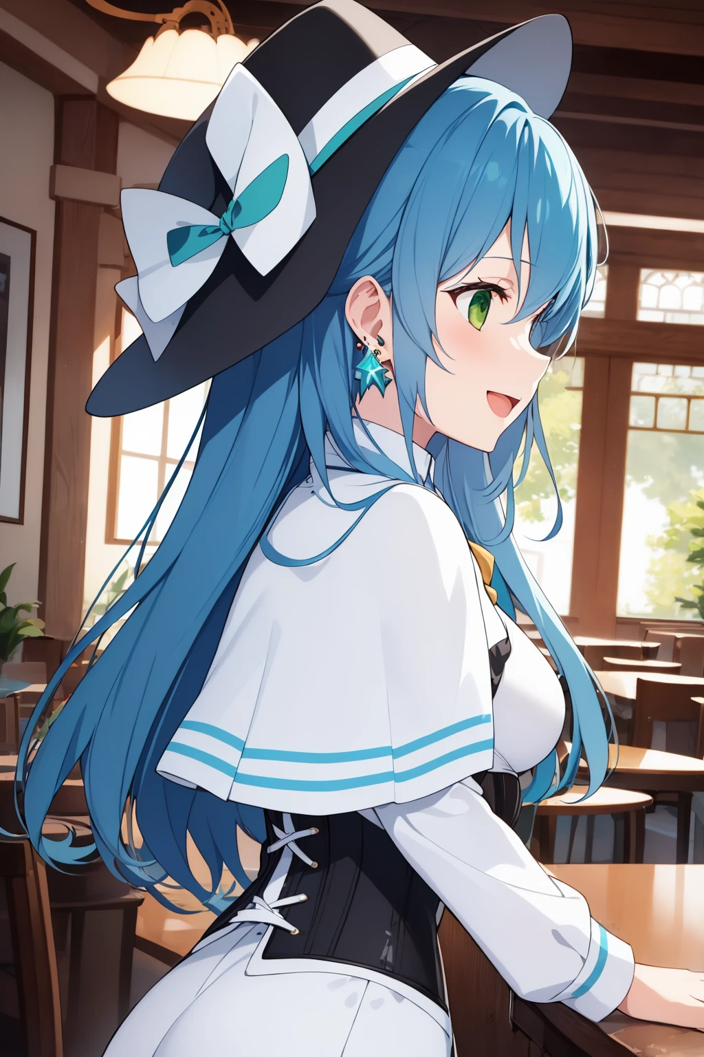 isabellaNorn,1girl,solo,((blue_hair)),long_hair,((green_eyes))blush,smile,happy,:D,open_mouth,<lora:isabellaNornV2-000008:.6:OUTD>,jewelry, earring,indoors,cafe,upper_body,from_side,medium_breasts,white_capelet,corset,hat,hat_bow,ribbon,long_sleeves,pantyhose, white_dress,looking to the side, looking away, side_view