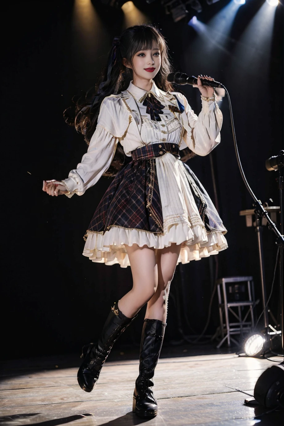 realistic, photorealistic, masterpiece, best quality, idol_costume, knee boots, 1girl, solo, smile, idol, full body, looking at viewer, long black hair, twintails,standing on stage, stage lighting, stage spotlight, detailed background, singing, holding microphone, audience, <lora:Cute Asian Face:0.6>, <lora:idol_costume_style3_v3:0.7>