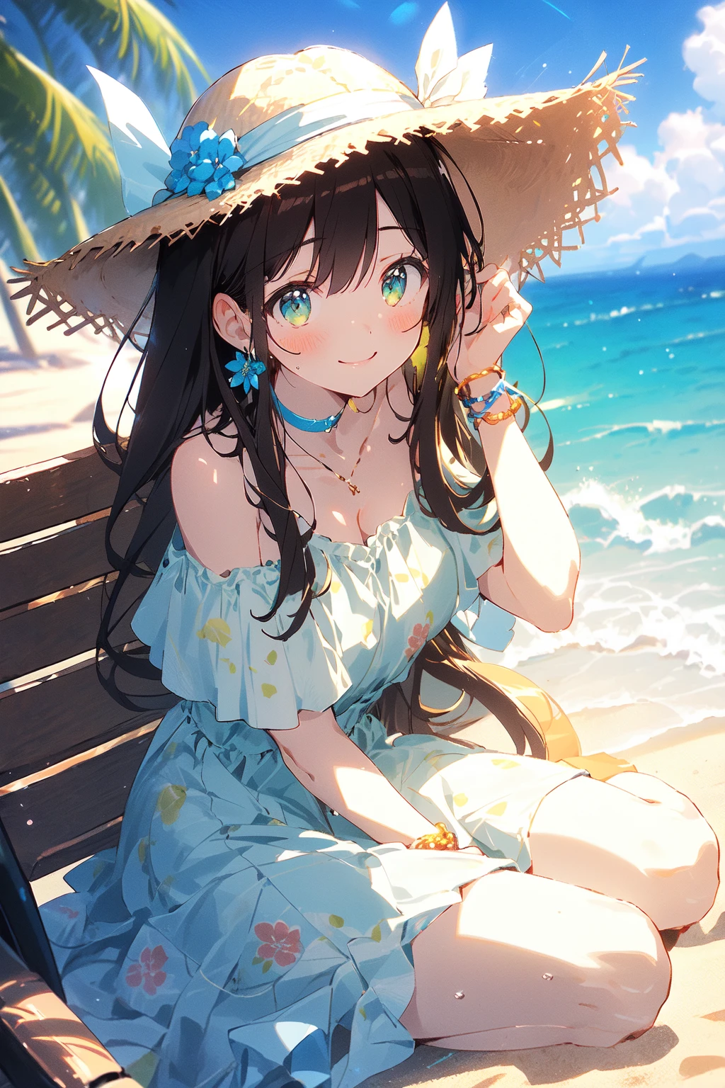 (masterpiece:1.2), best quality,cozy anime,
1girl, solo, hat, green eyes, outdoors, long hair, dress, jewelry, flower, sitting, smile, hat flower, looking at viewer, straw hat, bracelet, blush, day, earrings, beach, ocean, choker, floral print, bangs, very long hair, collarbone, closed mouth, water, frilled dress, bare shoulders, frills, off-shoulder dress, brown hair, hand up, sky, off shoulder, green dress, ribbon, brown headwear, blue sky, feet out of frame, sand, breasts, sun hat, print dress
<lora:cozy anime_20230630155224:0.9>