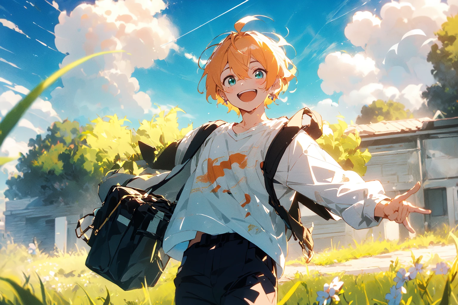 (masterpiece:1.2), best quality,cozy anime,
1boy, male focus, solo, outdoors, sky, smile, shirt, looking at viewer, green eyes, pants, white shirt, flower, short hair, cloud, long sleeves, bangs, hair between eyes, floral print, black pants, jewelry, standing, grass, cowboy shot, open clothes, earrings, wind, parted lips, orange hair, ahoge, from side
<lora:cozy anime_20230630155224:0.9>