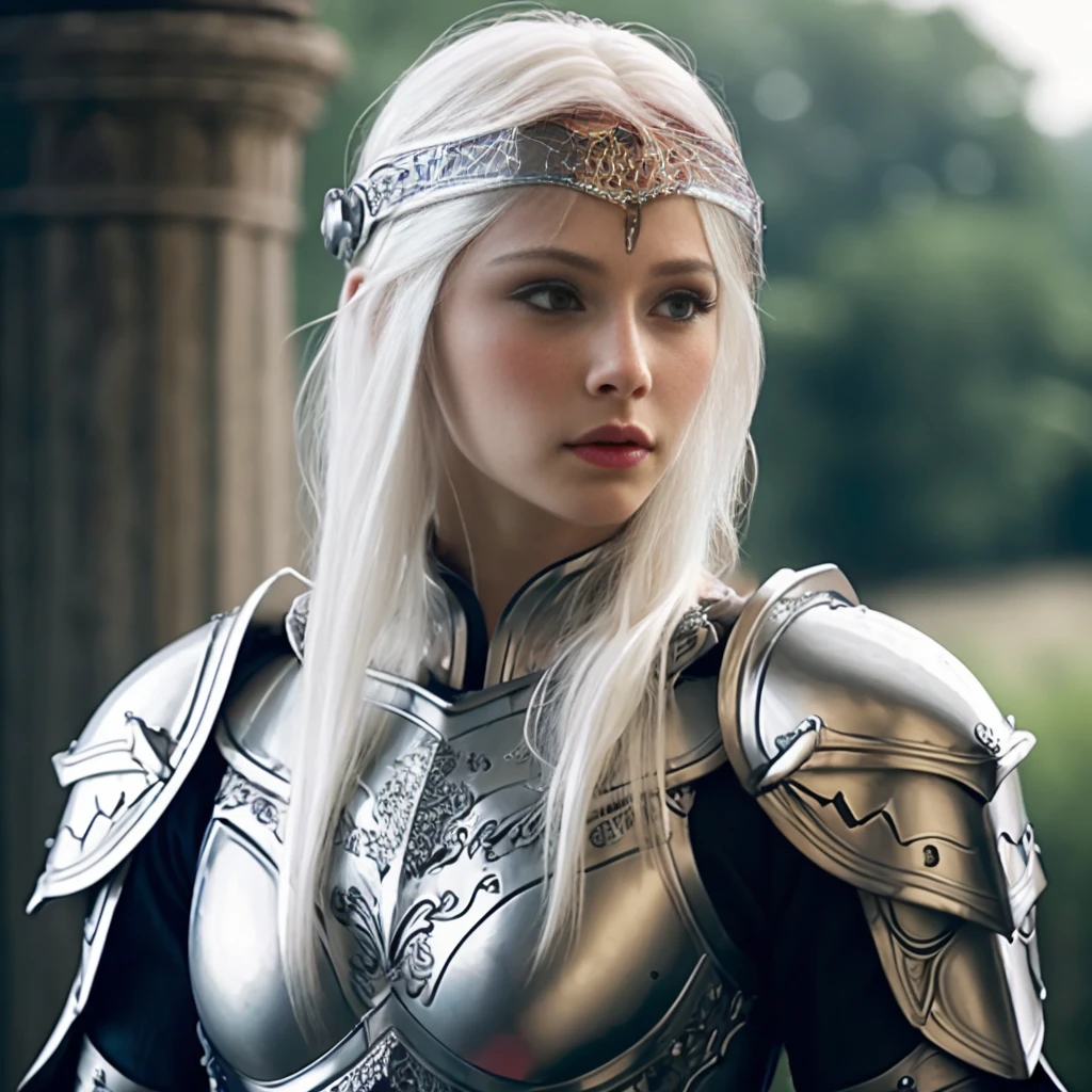 <lora:RPGElf:0.5> rpgelf,  1girl, white hair, blonde hair, long hair, blue eyes, ornate white armor, shoulder armor, pauldrons, circlet,  blurry, blurry background, realistic:1.3, 