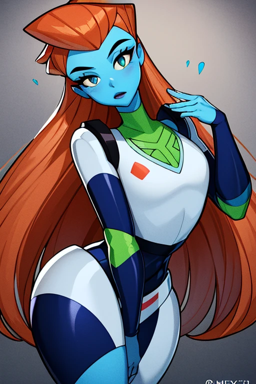 ((masterpiece,best quality)), absurdres,
<lora:mira_nova_v1-10:0.8>, mira_nova, orange hair, blue skin, looking at viewer,