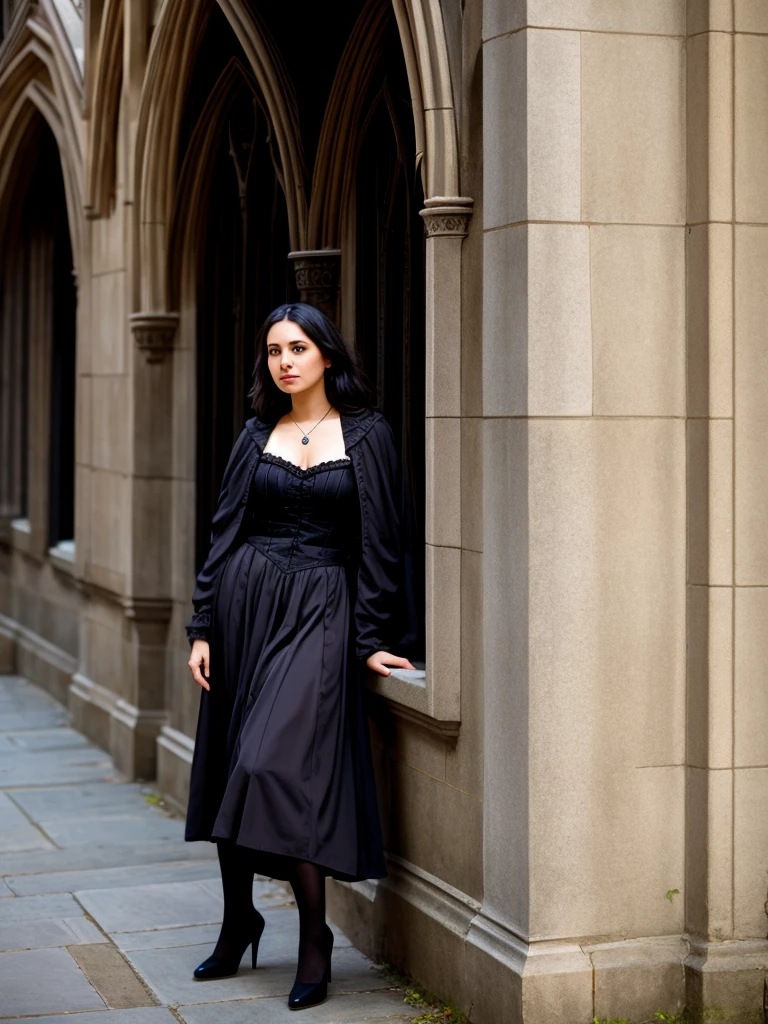 woman,Leaning against a wall,gothic revival architecture,