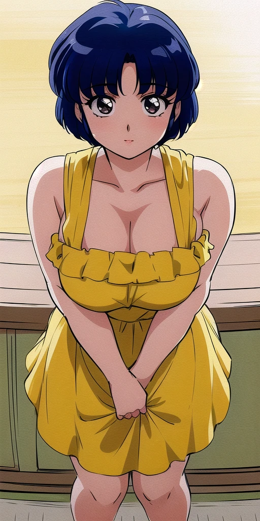 <lora:TendouAkaneV2:0.7>, tendouakane, AkaneYellowMicrodress, large_breasts,  standing, solo,, masterpiece, best quality, detailed face, detailed eyes, highres,