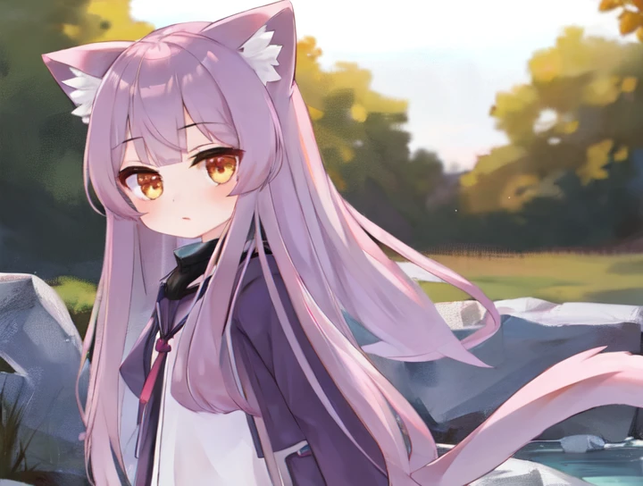 <lora:Milk-re-v1.2-:0.7> masterpiece, 1girl, cat ears, cat tail, brown eyes, light purple hair, long hair,