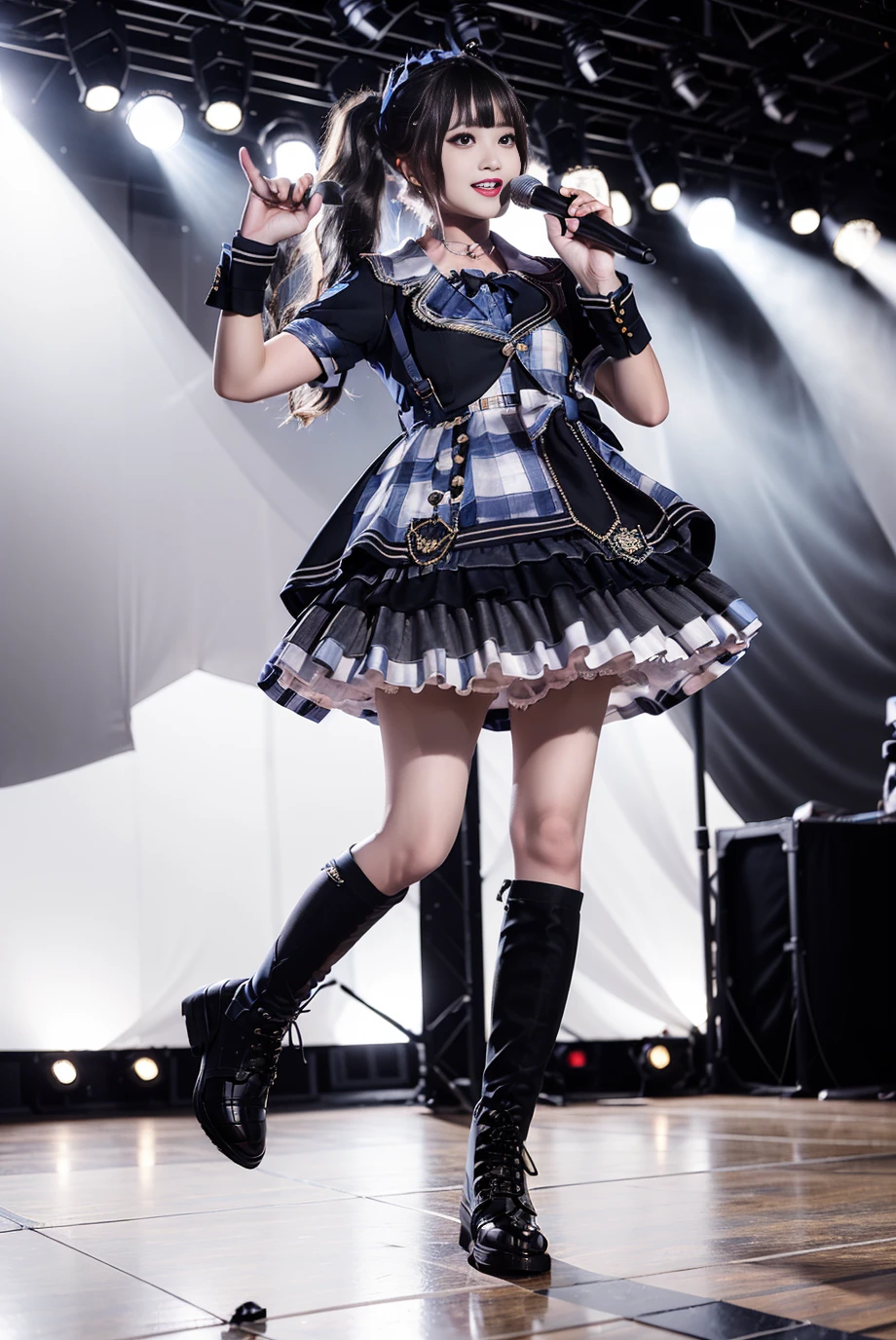 realistic, photorealistic, masterpiece, best quality, idol_costume, knee boots, 1girl, solo, smile, idol, full body, looking at viewer, long black hair, twintails, standing on stage, stage lighting, stage spotlight, detailed background, singing, holding microphone, audience, <lora:Cute Asian Face:0.7>, <lora:idol_costume_style4_v1:0.7>