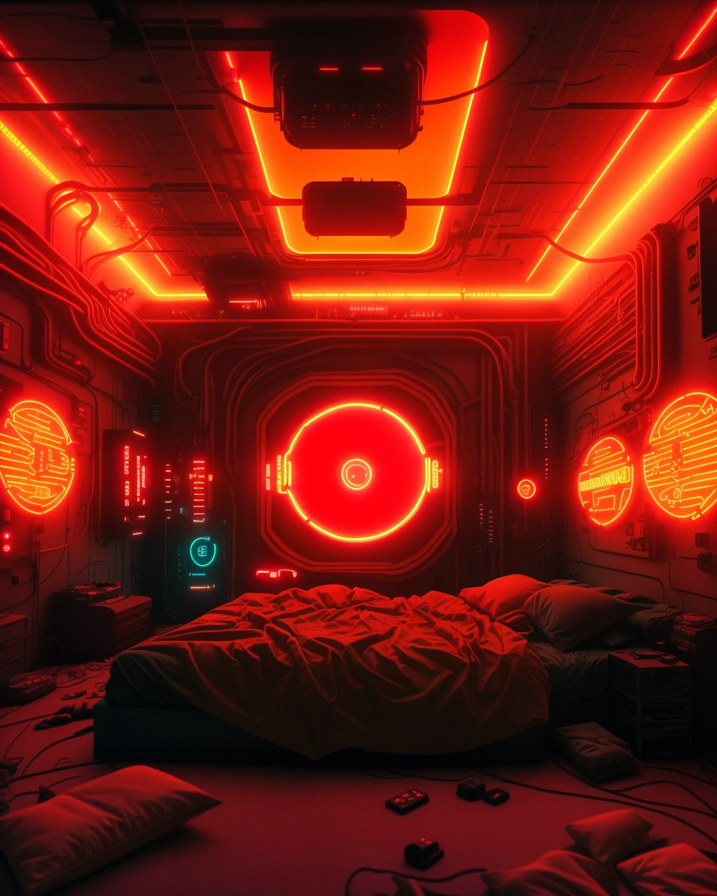 a room with a large screen and a bed in it with a safety-orange light on the wall and a neon goldenrod light on the ceiling, Beeple, dystopia, cyberpunk art, neo-figurative