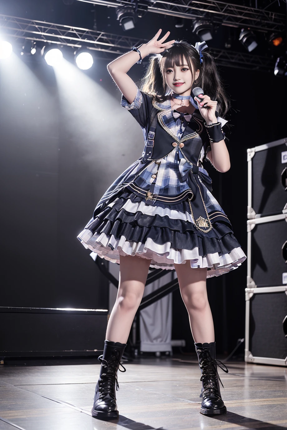 realistic, photorealistic, masterpiece, best quality, idol_costume, knee boots, 1girl, solo, smile, idol, full body, looking at viewer, long black hair, twintails, standing on stage, stage lighting, stage spotlight, detailed background, singing, holding microphone, audience, <lora:Cute Asian Face:0.7>, <lora:idol_costume_style4_v1:0.7>