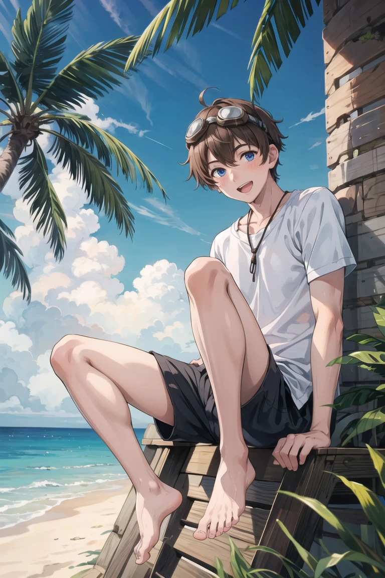 masterpiece,best quality,1boy,solo,goggles on head,male focus,blue eyes,outdoors,barefoot,shorts,open mouth,smile,looking at viewer,sitting,beach,blush,tree,brown hair,stylish pose,sky,palm tree,ocean,day,<lyco:GoodHands-beta2:1.0> <lora:more_details:0.3>,