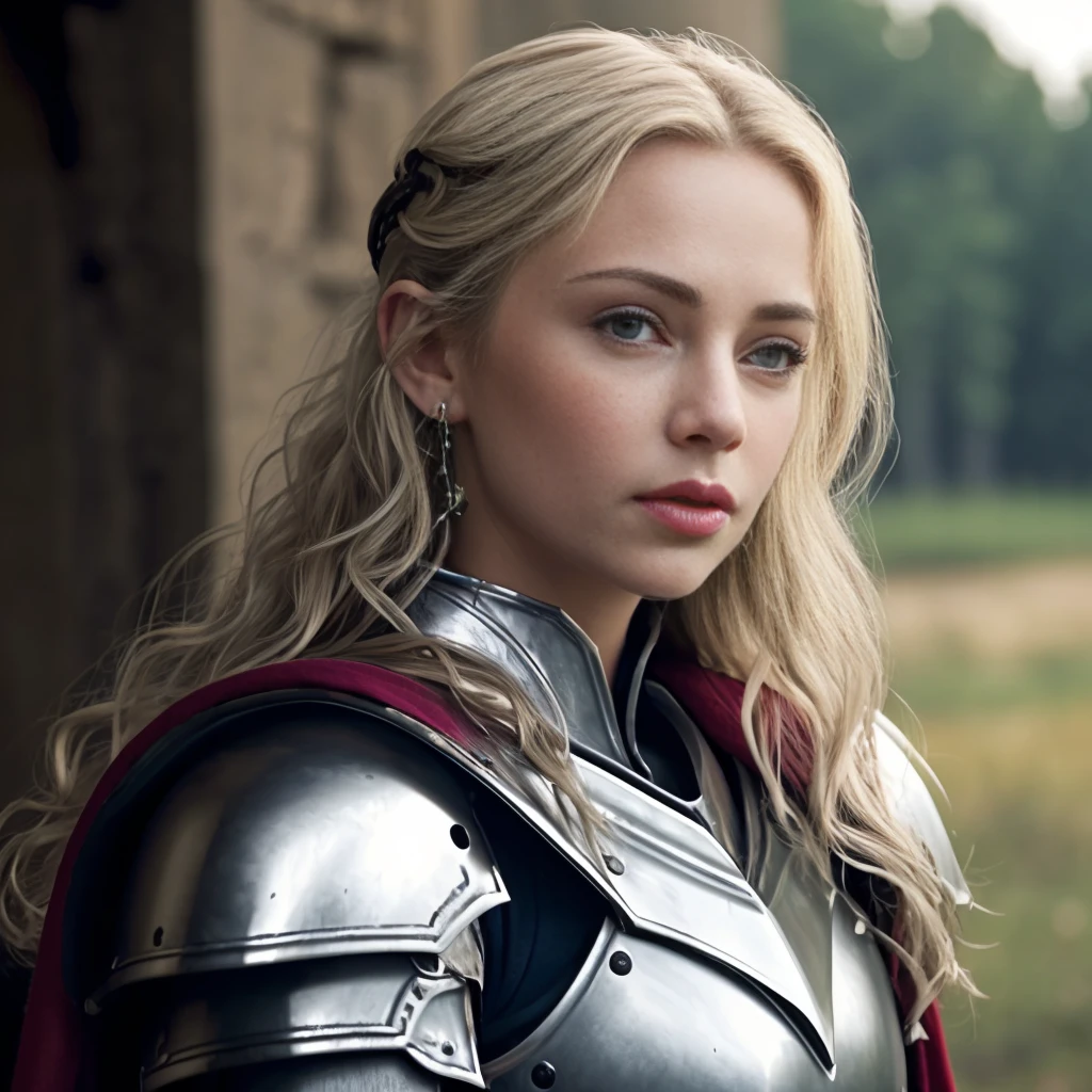 <lora:RPGElf:0.5> rpgelf, 1girl, solo, armor, shoulder armor, pauldrons, parted lips, armlet, blue eyes,  earrings, belt, cape, lips, wavy hair, blurry, blurry background, realistic:1.3, 