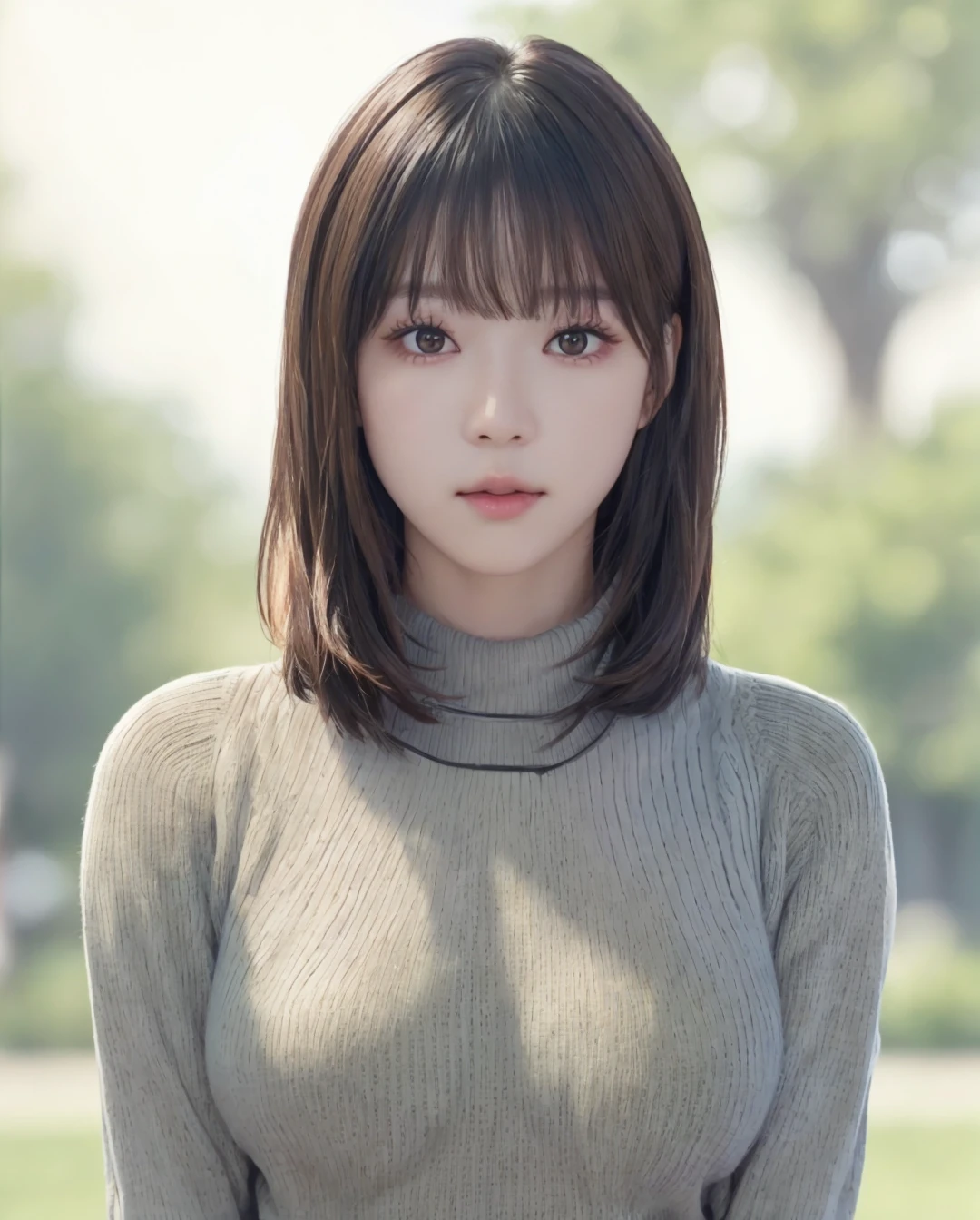 pureerosface_v1:0.3, best quality, photorealistic, 8k, high res, full color, 1girl, woman, 20 years old woman, (closed mouth:1.43), (skindentation), (portrait:0.6), trees, park bench, daylight, ((park background:1.52)), full color, ((necksweater:1.68)), looking at viewer:1.8, (1girl eyes looking at viewer:1.55), (medium-length hair, brownhair, partedbangs:1.45), (bokeh), <lora:AAW-winter:0.65>