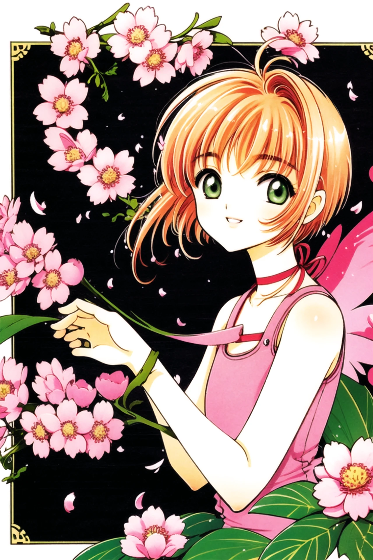 1girl, kinomoto sakura, solo, green eyes, short hair, smile, flower, wings, looking at viewer, upper body, holding, parted lips, cherry blossoms, choker, antenna hair, brown hair, bangs, pink flower, sleeveless, 1990s (style), dress, retro artstyle, branch, white wings, ribbon choker, orange hair, traditional media,  <lora:Card Captor Sakura:0.8>