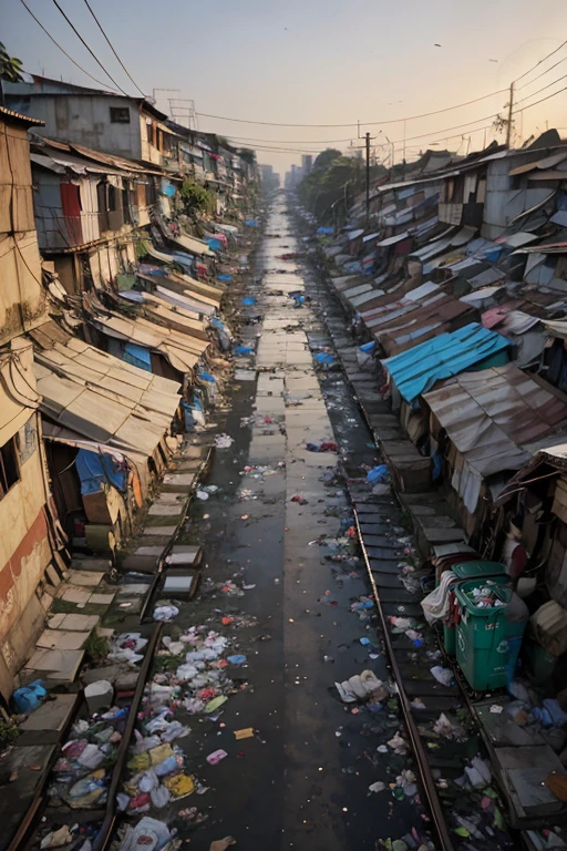 alley, slumparea full of trash at jakarta, trash can, garbage, trash, plastic bag, dirty, slum city, poverty, dim light, epic, cityscape, dawn, clear sky, tree, railroad, cable, dramatic, river, <lora:ARWSlumpArea:1>