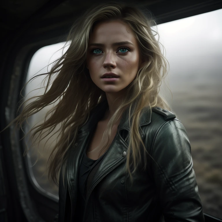 A cinematic photo of a young woman with penetrating green eyes and disheveled blonde hair. Dressed in a weathered leather jacket, she's navigating through a foggy, desolate landscape with an old map, a sense of suspense thick in the air. The epic character composition, combined with sharp focus and natural lighting, brings the captivating image to life. The subsurface scattering effect adds a touch of ethereal glow, while the f2 aperture and 35mm lens create a perfect balance of depth and detail. <lora:CineStyle5:0.6> 111cine8matic55