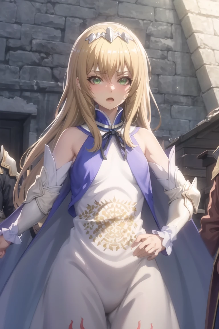 masterpiece, (princess),(watercolor),highres,extremely detailed cg unity 8k wallpaper,ray tracing, cinematic lighting,Medieval,castle,ruins,flower field,1girl,beautiful detailed face,white blue clothes,nsfw,long hair,blonde hair,green_eyes, excitement ,open mouth,
