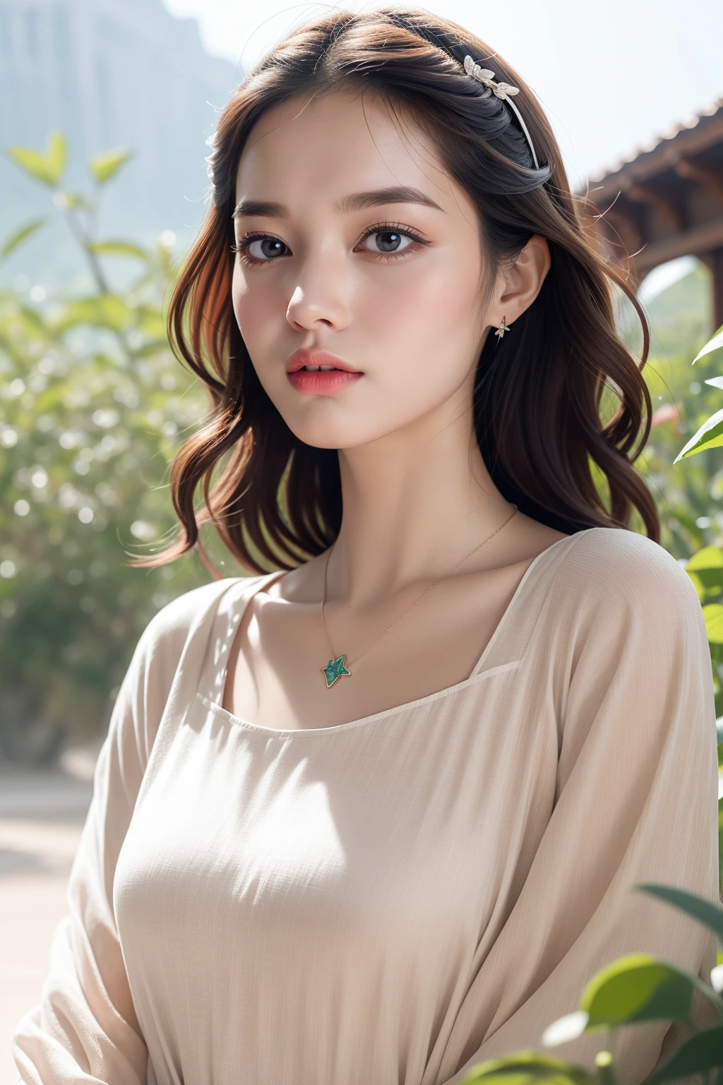 masterpiece,ultra realistic,32k,extremely detailed CG unity 8k wallpaper, best quality,(spring day ),lady ,necklace ,eardrop, The Swiss Alps, Switzerland, ( DayGlo orange Mixing and matching different shades of the same color ) , light brown hair hair Beachy waves ,