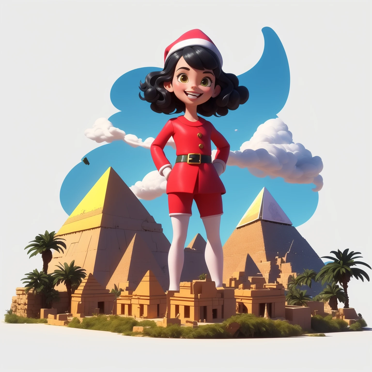 (masterpiece,best quality:1.5),(simple white background,cloud,waves,cloud:1.2),
cat,cute girl, (city,The Pyramids of Giza, Egypt:1.1), full body,black hair, short hair,(santa outfit:1.1),3dcharacter,3dcutecharacter,smile,selfie pose,