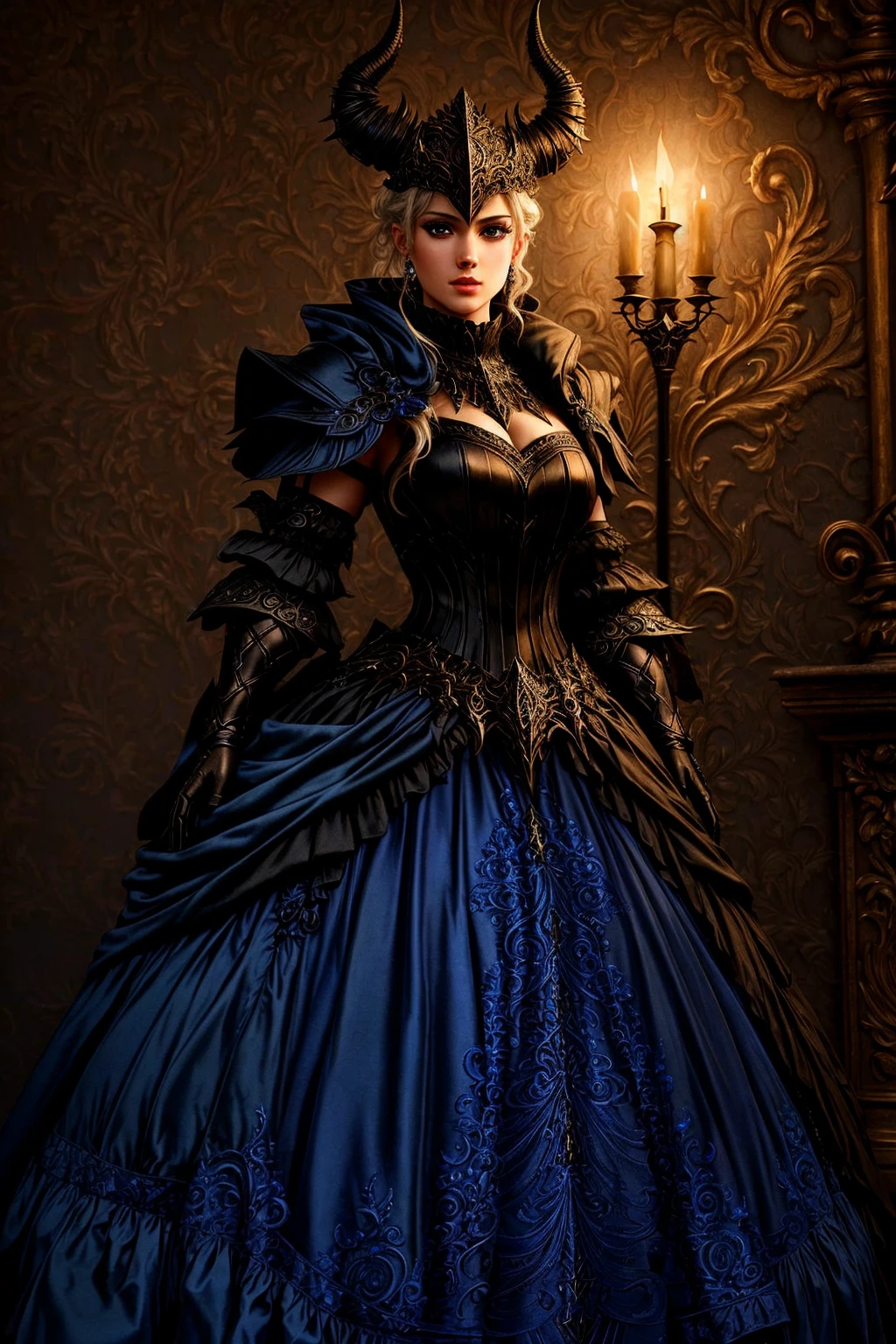 Masterpiece, absurdres,HDR, wallpaper quality ,highly detailed eyes and face, [ballgown|DRK_Glam], a woman in a dark armor gown posing for a picture , wearing a black [ballgown|DRK_Glam], <lora:DarkGown:1>