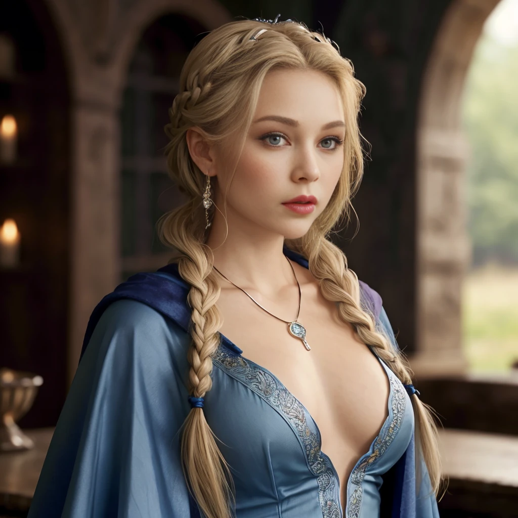 <lora:RPGElf:0.5> rpgelf, 1girl, solo,  long hair, breasts,  jewelry, looking at viewer, blue eyes, upper body, blonde hair, necklace, cape, crown, braids, lips,  blurry, blurry background, realistic:1.3, 