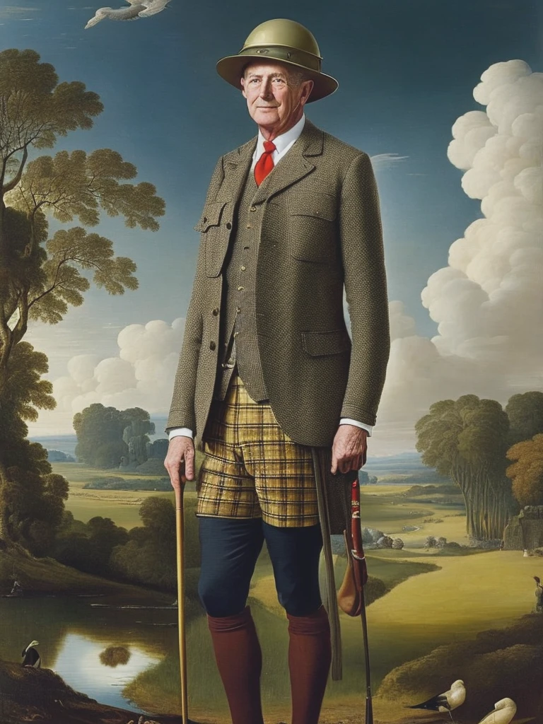 <lyco:JohnSingletonCopley:1.0> old man in tweed safari uniform wearing a pith helmet, tartan knickers, XX century hunter, old man, tall, slim, hunting, portrait, safari hunter, safari uniform, detailed, George Stubbs style, full body portrait, dark Hyeronimus Bosch landscape, dark garden of earthly delights landscape with Dutch ruins