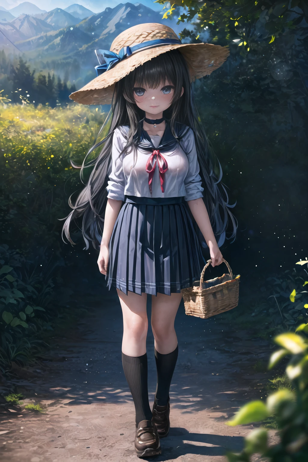 (masterpiece, top quality, best quality, official art, beautiful and aesthetic:1.2), (1girl, cute, short body:1.4), extreme detailed, colorful, highest detailed ((ultra-detailed)), (highly detailed CG illustration), ((an extremely delicate and beautiful)),(outdoors, Nature, country, mountain, hat, black hair, long hair, blue eyes, large breasts, light particles, lens flare, depth of field, sparkle, bokeh, dappled sunlight, day, serafuku, school uniform, trekking shoes, ribbon choker, picnic basket, walking :1.2), <lora:flat2:-1>
