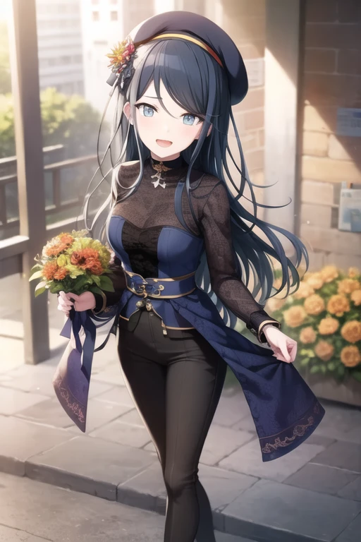 ichika, looking at viewer, smile, open mouth, blue eyes, hair ornament, long sleeves, hat, dress, bow, ribbon, holding, jewelry, medium breasts, standing, collarbone, full body, flower, frills, choker, striped, shiny, pants, hair flower, shiny hair, see-through, gradient, wrist cuffs, petals, dutch angle, sparkle, black headwear, neck ribbon, blue dress, shadow, rose, leaf, beret, from above, short dress, floral print, happy, white footwear, white flower, blue ribbon, brooch, red flower, straight hair, white ribbon, light particles, vertical stripes, pink flower, tsurime, lens flare, cross-laced footwear, gold trim, bouquet, glint, yellow flower, sunflower, dot nose, hat flower, striped dress, holding bouquet, see-through sleeves, striped ribbon, waist bow, vertical-striped dress, diffraction spikes, ankle strap<lora:HoshinoIchika-07:0.74>