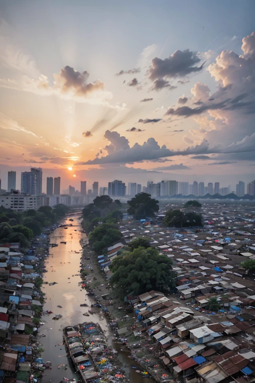 aerial view, slumparea full of trash at jakarta, trash can, garbage, trash, plastic bag, dirty, slum city, poverty, dim light, epic, cityscape, dawn, clear sky, tree, railroad, cable, dramatic, river, <lora:ARWSlumpArea:1>