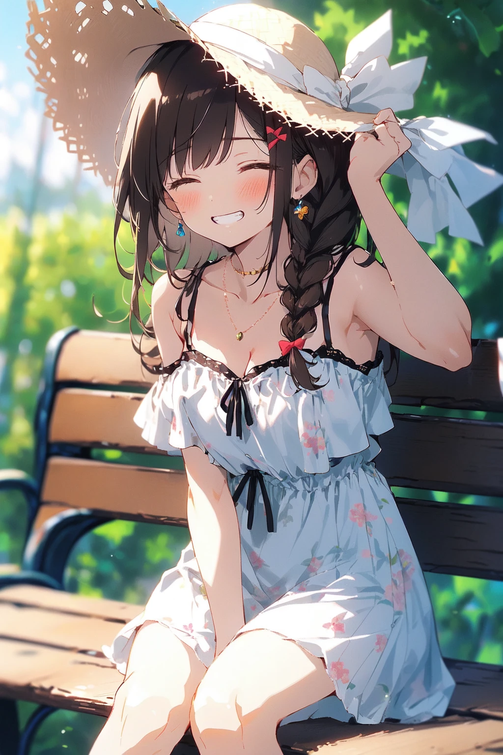 (masterpiece:1.2), best quality,cozy anime,
1girl, solo, smile, sitting, hat, shoulder cutout, braid, dress, brown hair, closed eyes, twin braids, blush, long hair, bench, grin, outdoors, white dress, jewelry, clothing cutout, bangs, necklace, floral print, blurry, hand between legs, blurry background, between legs, bow, facing viewer, breasts, bare shoulders, sun hat, straw hat, day, collarbone, hair bow, short sleeves, feet out of frame, ribbon, brown headwear, on bench, depth of field, park bench, ^_^, hair over shoulder
<lora:cozy anime_20230630155224:1>