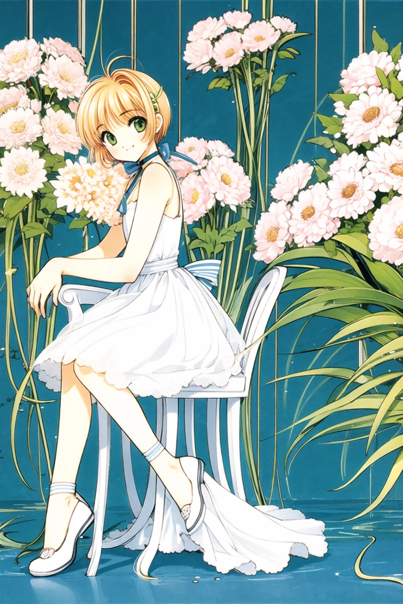 1girl, flower, kinomoto sakura, green eyes, solo, ribbon, dress, hair ribbon, blue ribbon, holding, 1990s (style), looking at viewer, sitting, antenna hair, short hair, retro artstyle, holding flower, white dress, full body, choker, bangs, blonde hair, smile, sleeveless dress, sleeveless, white footwear, see-through, white flower, bare shoulders, chair,  <lora:Card Captor Sakura:0.8>