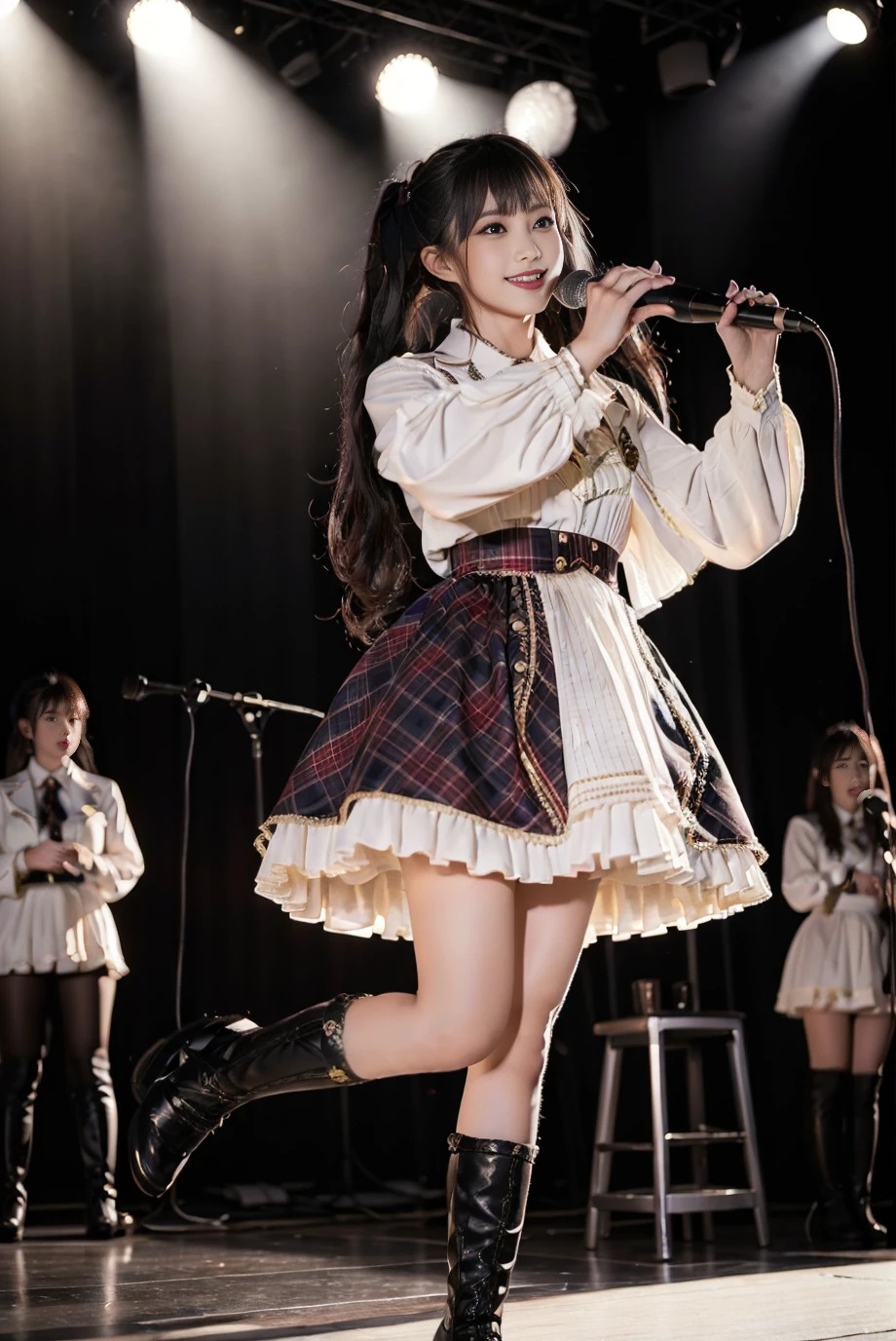 realistic, photorealistic, masterpiece, best quality, idol_costume, knee boots, 1girl, solo, smile, idol, full body, looking at viewer, long black hair, twintails,standing on stage, stage lighting, stage spotlight, detailed background, singing, holding microphone, audience, <lora:Cute Asian Face:0.6>, <lora:idol_costume_style3_v3:0.7>