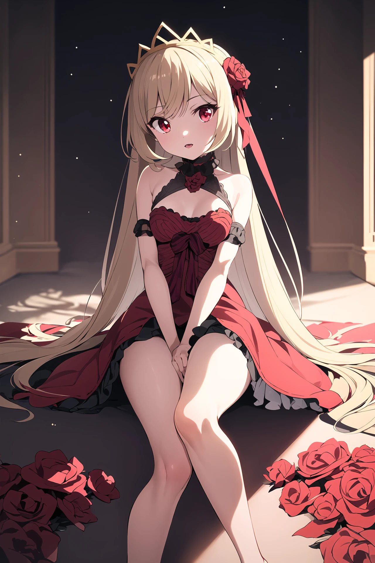 masterpiece, 1girl, ecute, tiara, blonde hair, red eyes, rose hair ornament, vampire princess, dress, frills, royal castle, crimson tapestry with gold trim, highly detailed and intricate, best quality, depth of field, dust, subsurface scattering, epic detail