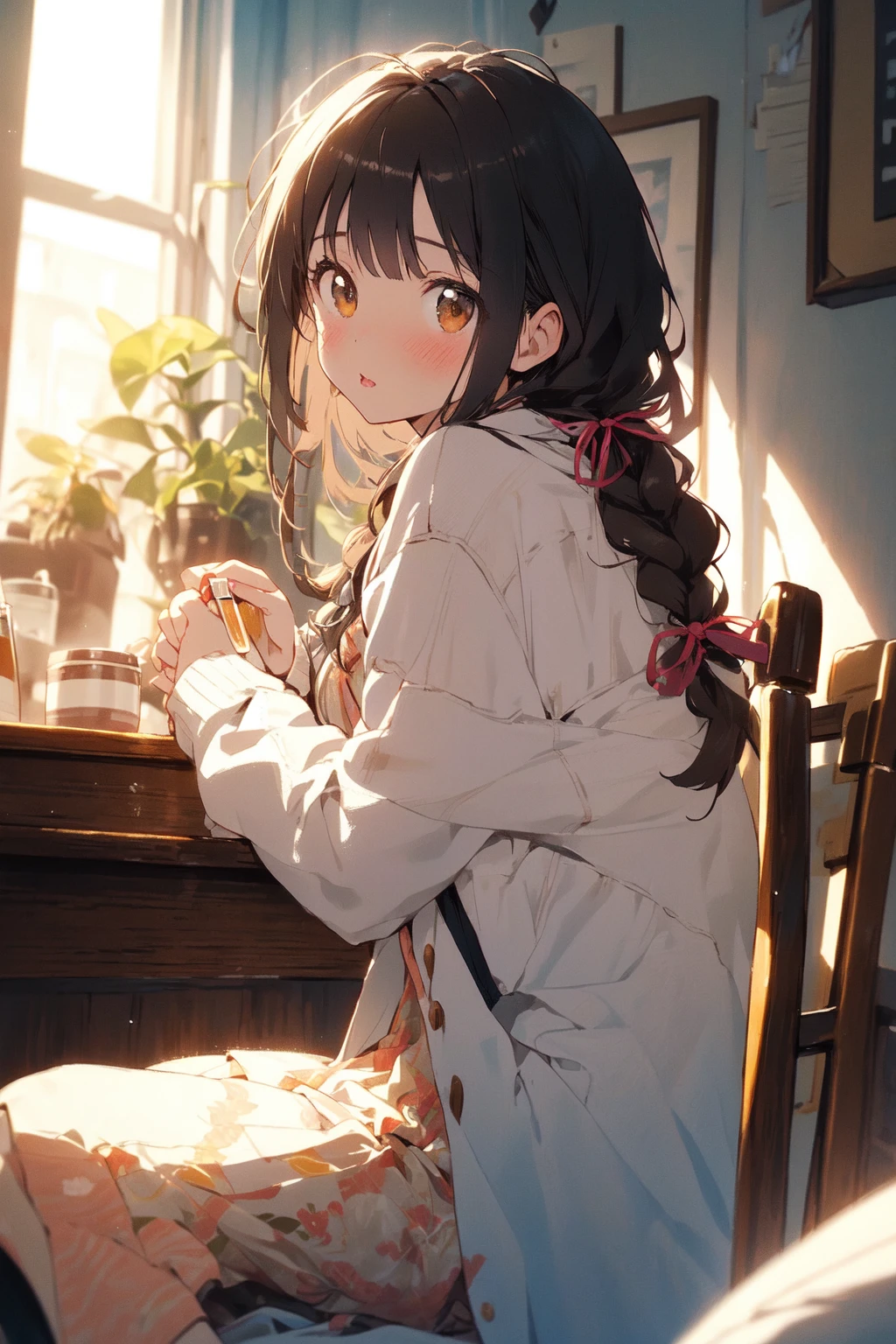 (masterpiece:1.2), best quality,cozy anime,
1girl, solo, sitting, long hair, indoors, looking at viewer, hair ribbon, ribbon, brown hair, blush, braid, window, brown eyes, plant, chair, bangs, table, dress, jacket, long sleeves, potted plant, blurry, white jacket, open clothes, cup, from side, feet out of frame, depth of field, very long hair
<lora:cozy anime_20230630155224:0.9>