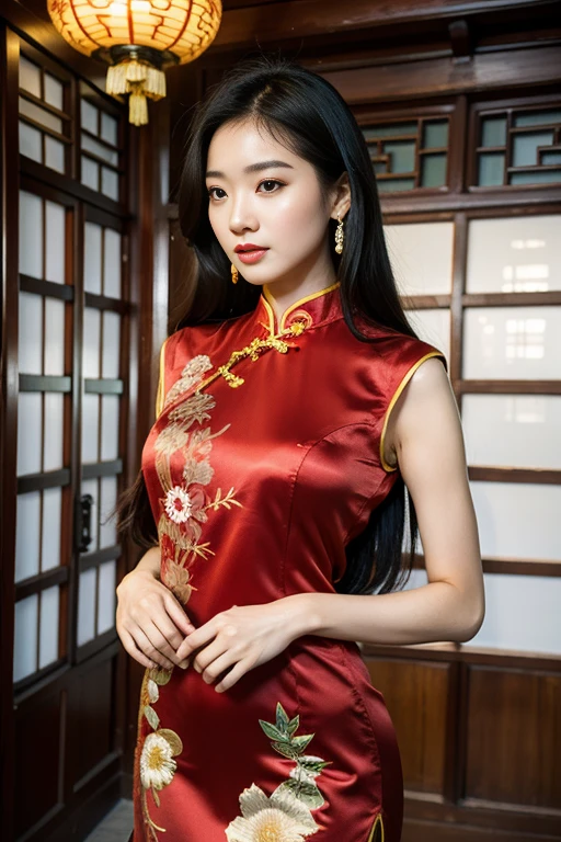 (photorealistic:1.4), real photo, 8K UHD,realistic light,Best quality, masterpiece, ultra high res, a beautiful Ulzzang, chinese woman , shiny skin, best quality,long hair , cruvy figure,(red cheongsam dress),Detailed beautiful embroidery,background is Chinese temple ,outdoor, sky,35mm film , artistic elements that showcase the girl's natural beauty and grace, <lora:FilmVelvia:0.65>,(photorealistic:1.2) and (Realistic:1.2) and Detailed skin texture and detailed skin pores