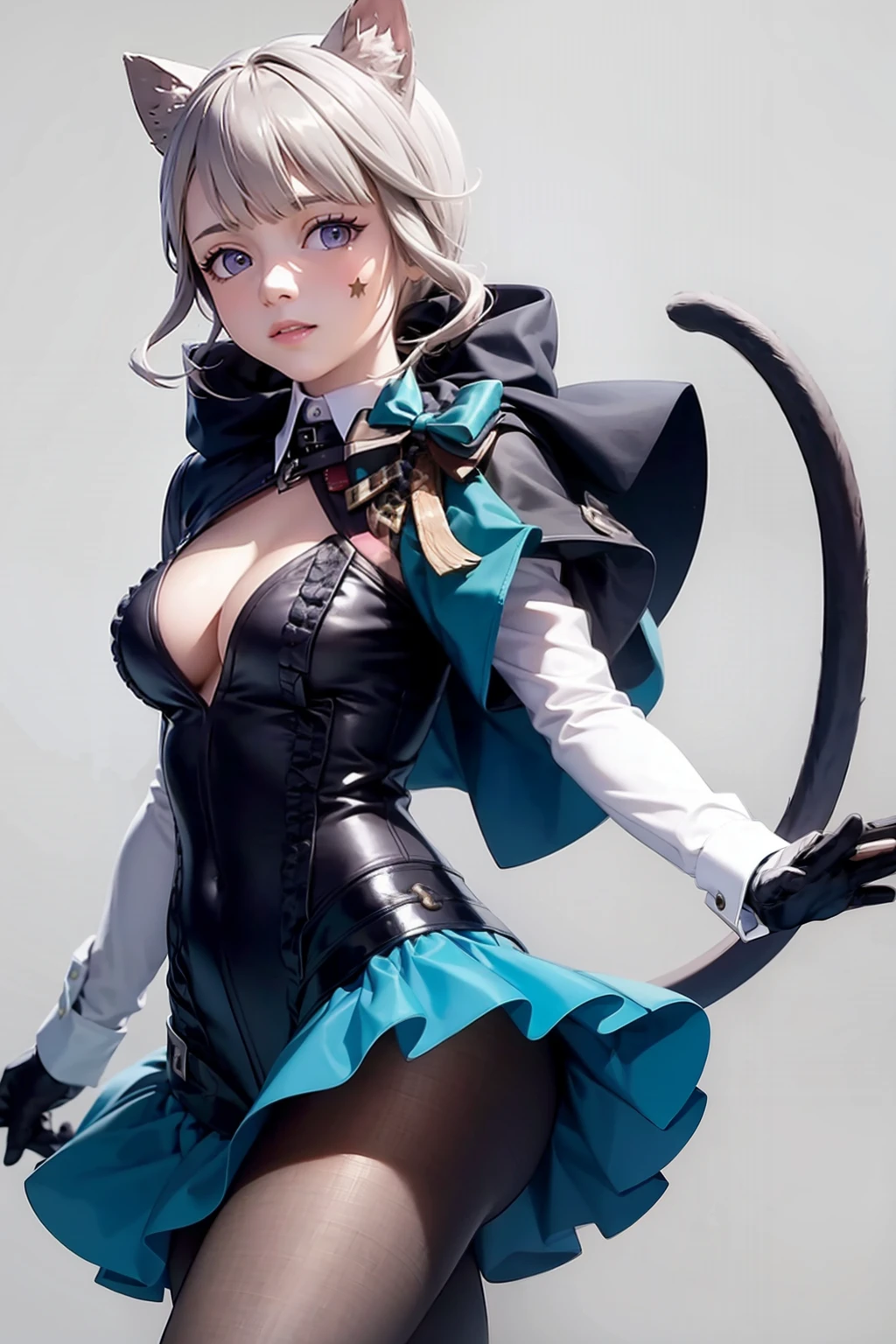 masterpiece, best quality, <lora:lynette:1>,lynette,bow,hair ribbon, solo, animal ears,cat tail,black pantyhose, purple eyes,gloves, black gloves, cleavage,frills,frills skirt, grey hair, long sleeves, bangs, short hair, star (symbol), boots, animal ear fluff, grey background,