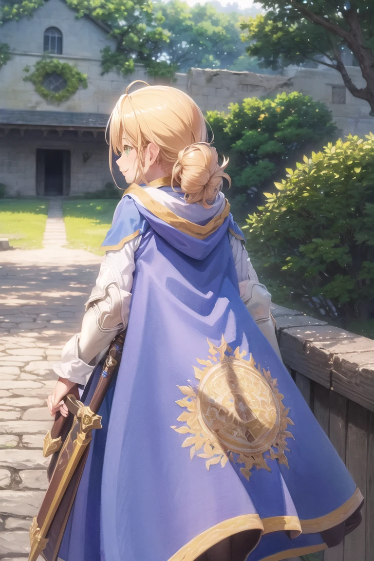 masterpiece, (retinue),(watercolor),highres,extremely detailed cg unity 8k wallpaper,ray tracing, cinematic lighting,Medieval,forest,ruins,from behind,flower field,1girl,beautiful detailed face,nsfw,blonde hair,green_eyes, smile