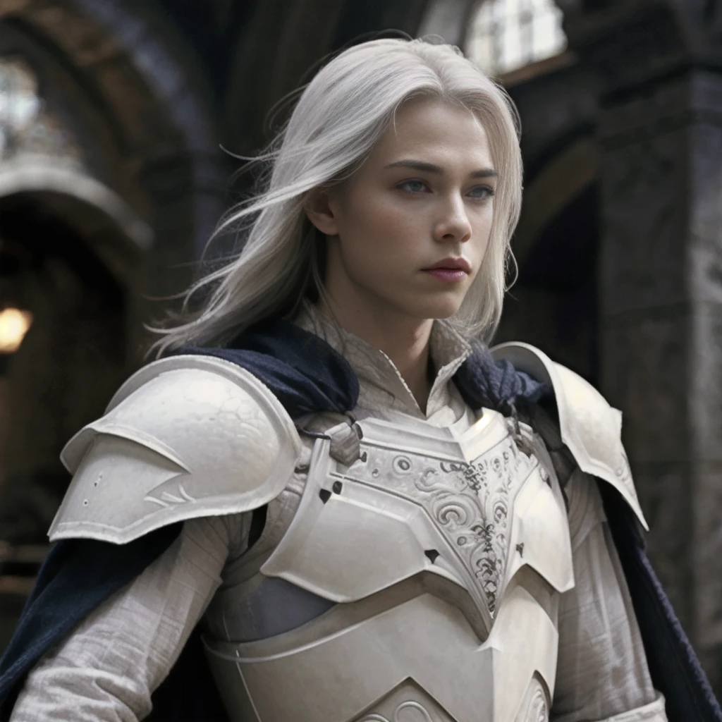 <lora:RPGElf:0.7> rpgelf, 1boy, solo, long hair, looking at viewer, upper body, white hair, male focus, cape, white armor, shoulder armor, pauldrons, blue eyes, breastplate, blurry, blurry background, realistic:1.3