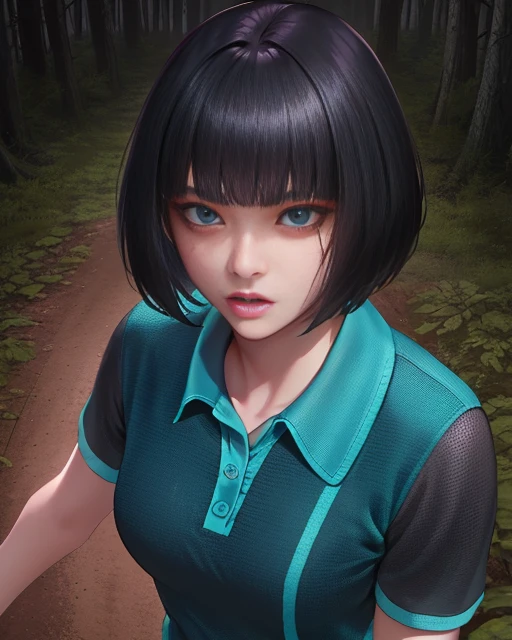 FengMin, black bob cut, blunt bangs, standing, dirty, upper body,   close up, 
FGear, black and teal collared shirt, purple socks , purple shoes, black and teal shorts, short sleeves ,nail polish,
nighttime, forest, horror movie,  cabin, 
(insanely detailed, beautiful detailed face, masterpiece, best quality) cinematic lighting,
 <lora:FengMin:0.7> realistic,