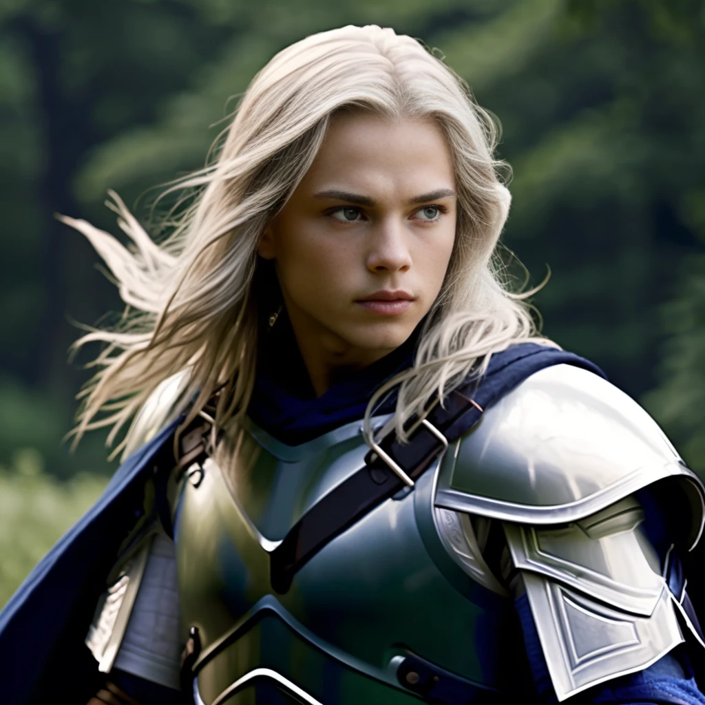 <lora:RPGElf:0.7> rpgelf, 1boy, solo, long hair, looking at viewer, upper body, white hair, male focus, cape, white armor, shoulder armor, pauldrons, blue eyes, breastplate, blurry, blurry background, realistic:1.3