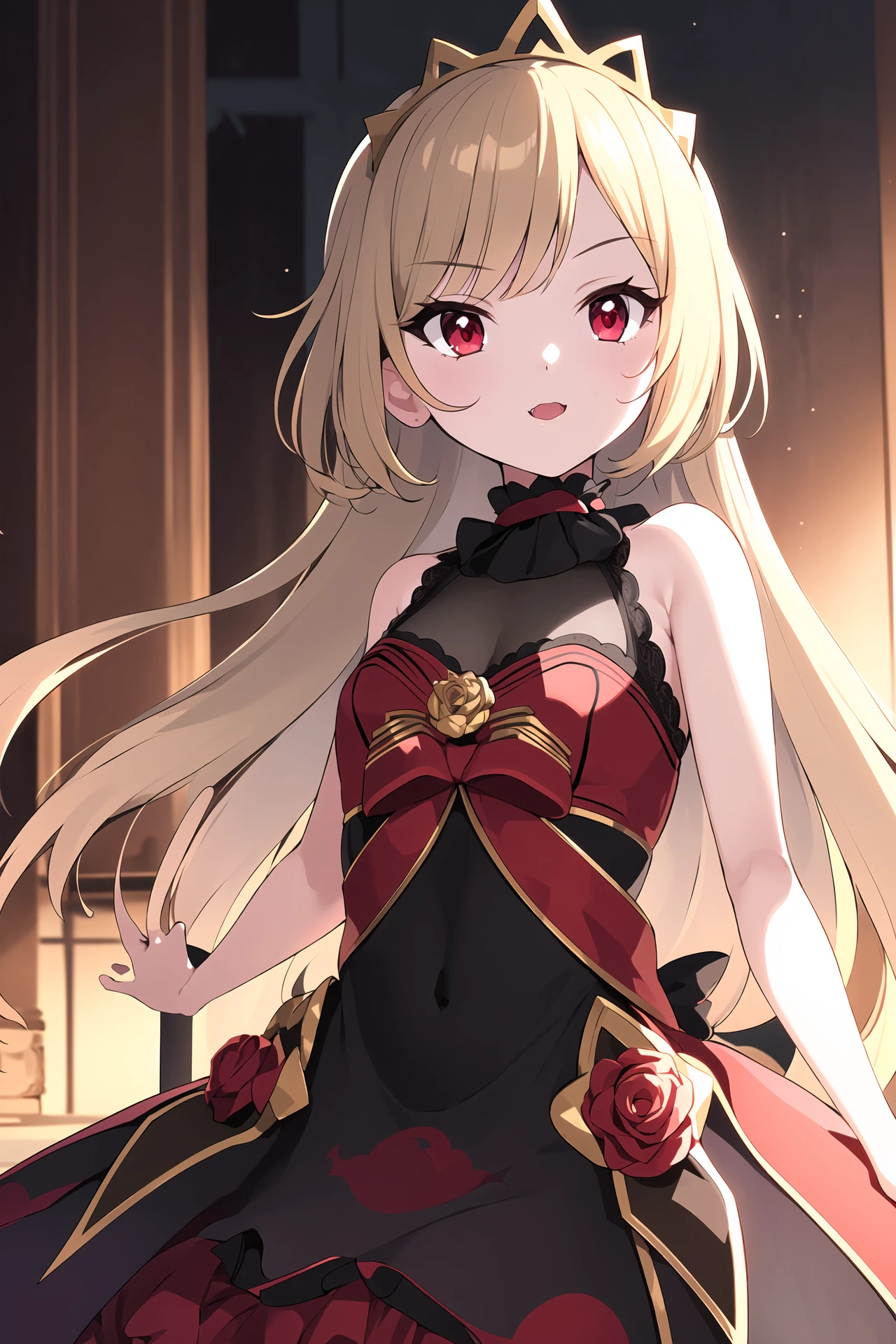 masterpiece, 1girl, ecute, tiara, blonde hair, red eyes, rose hair ornament, vampire princess, dress, frills, royal castle, crimson tapestry with gold trim, highly detailed and intricate, best quality, depth of field, dust, subsurface scattering, epic detail