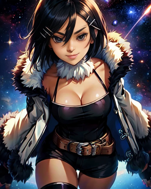 Asagi, short black hair, black eyes, happy, close up,
AsGear, hairclip. fur-trimmed coat,thighhighs,,black shorts,belt,fingerless gloves,cleavage,white fur collar
ourter space, music concert,
(insanely detailed, beautiful detailed face, masterpiece, best quality) cinematic lighting, <lora:Asagi:0.7> (anime),