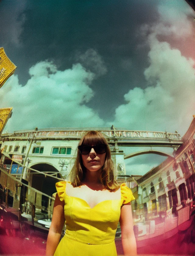 lomo, fel, raw photo, film grain, closeup photo, a woman, yellow dress <lora:Lomo Fisheye:1>