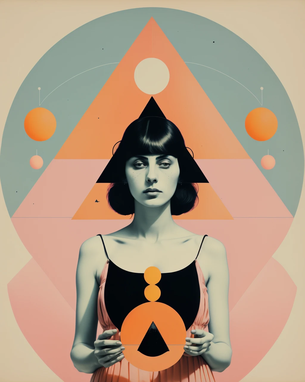 a woman with a triangle and a crescent above her head and a pink background with orange circles