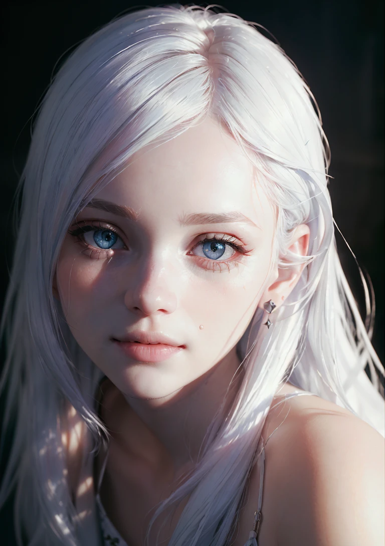 analog style, model shoot style, photo ((close portrait:1.4)) of a girl, 1girl, (albino girl:1.5, long white hair), (shiny body, smile),
((cute face: 1.7, perfect face:1.5)), (best quality:1.5, hyperrealistic:1.5, photorealistic:1.3, Madly detailed CG unity 8k wallpaper:1.5,
masterpiece:1.3, Madly detailed photo:1.2), (hyper-realistic lifelike texture:1.4, realistic eyes:1.2), (octane render, unreal engine 5),
(ecstasy of light and shadow:1.5, deep shadow:1.5), (sony a7, 50 mm, film grain:1.5, 4K UHD HDR), (photo by lee jeffries, greg rutkowski and magali villanueve) <lora:Better_Portrait_Lighting:0.5>