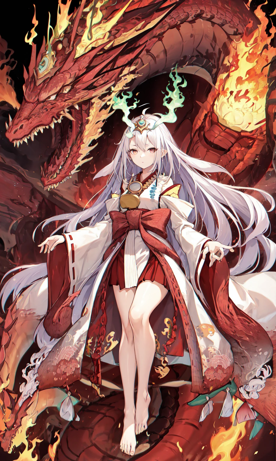1girl ,Kurikara-Tendou,japanese clothes, expressionless, barefoot, floating,dragon, eastern dragon, fire, <lora:Kurikara-Tendou:1>